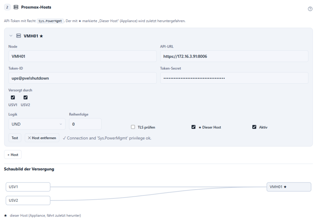 Host-Einstellungen: API-Token, Zuordnung der Versorgung und UND/ODER-Logik